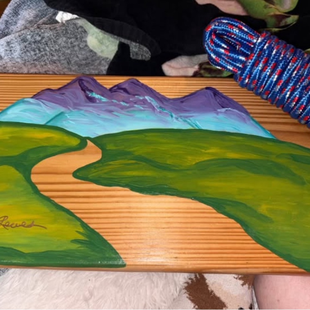 Scenic Mountain Pathway Art on Wood Swing